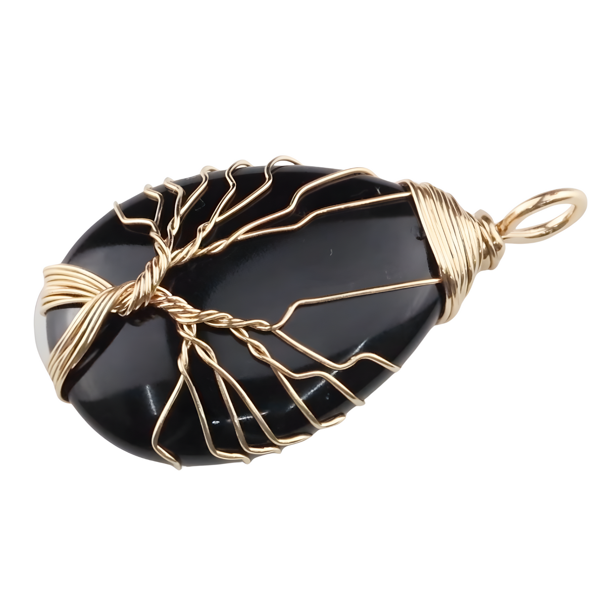 Gold Black Agate Tree Of Life Pendant Necklace For Women Oval Gemstone 1344