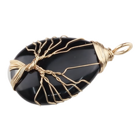 Gold Black Agate Tree Of Life Pendant Necklace For Women Oval Gemstone 1344