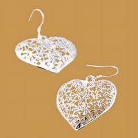 Large Silver Plated Heart Drop Earrings - Cutout Filigree Lace Design Dangle B41