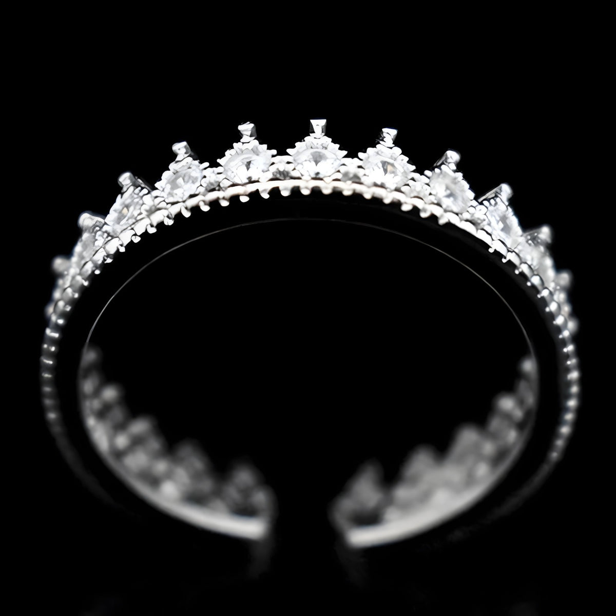 925 Sterling Silver Tiara Ring, Adjustable Crown Ring Sparkling CZ Stones 372