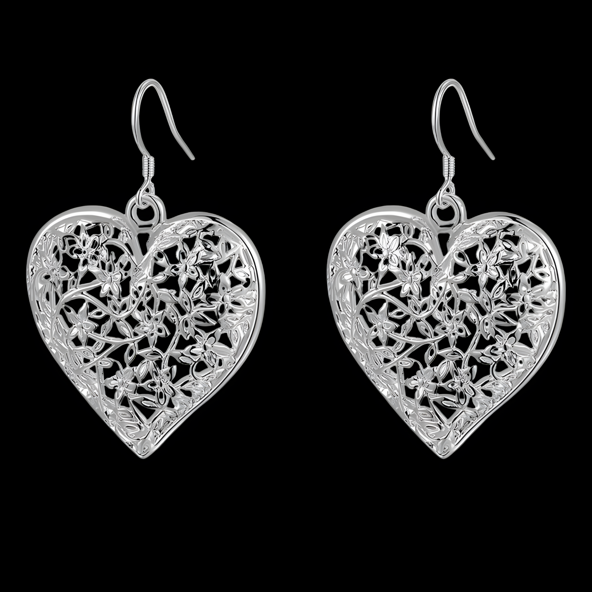 Large Silver Plated Heart Drop Earrings - Cutout Filigree Lace Design Dangle B41