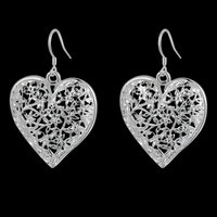 Large Silver Plated Heart Drop Earrings - Cutout Filigree Lace Design Dangle B41