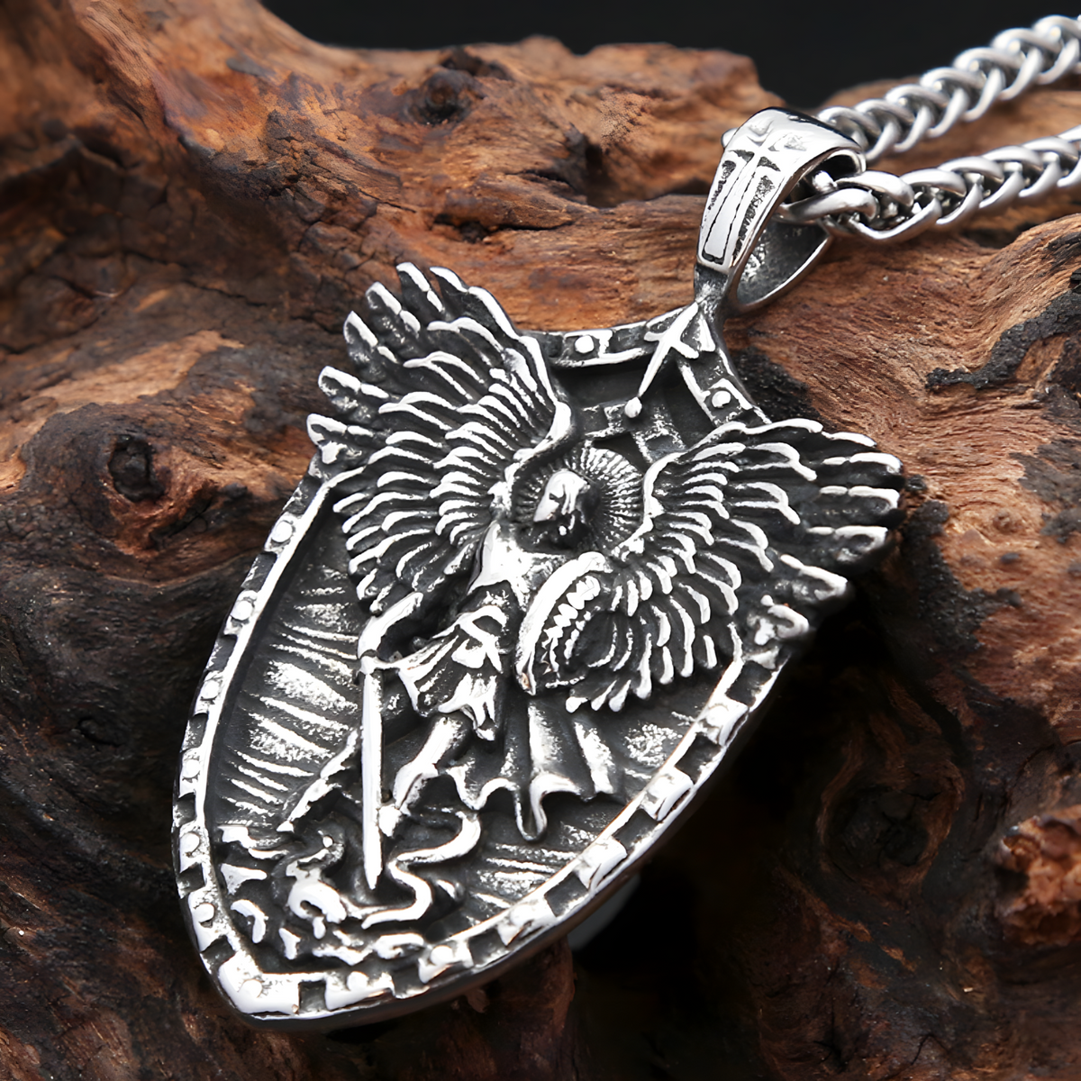 St Michael Angel Wings Shield Pendant Necklace for Men Viking Archangel 1388