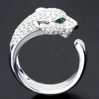 Leopard Head Open Adjustable Ring For Women Silver Colour Green Eye Animal 1755