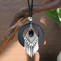 Retro Silver Geometric Tassel Jewelry Set Women –Ethnic Black Stone Necklace 687
