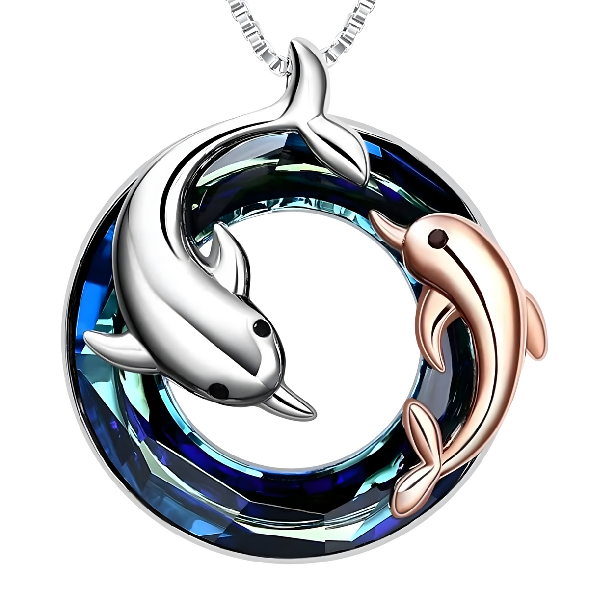 Dolphin Necklace Blue Crystal Pendant Two Tone Ocean Sea Jewellery Gift B60