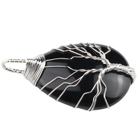 Black Agate Tree Of Life Pendant Necklace For Women Oval Gemstone Statement 1338