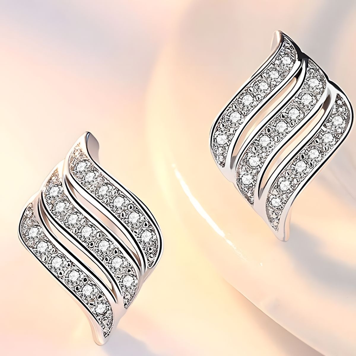 925 Sterling Silver Wave Design Earrings for Women – Sparkling Crystal Studs 311