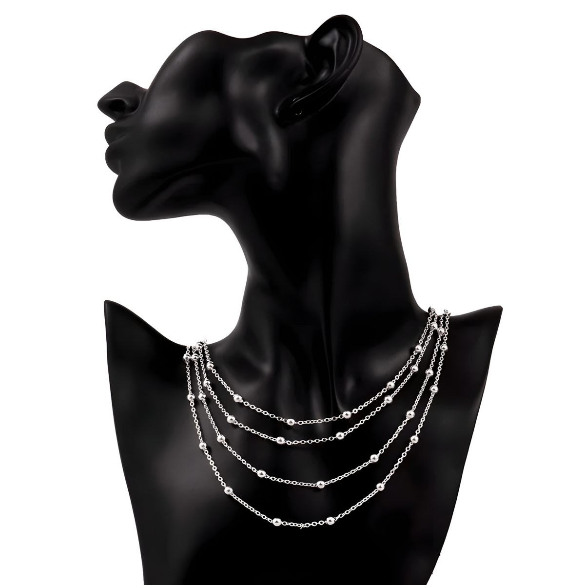 Silver Plated Multilayered Chain Necklace with Beaded Link Details for Women 425