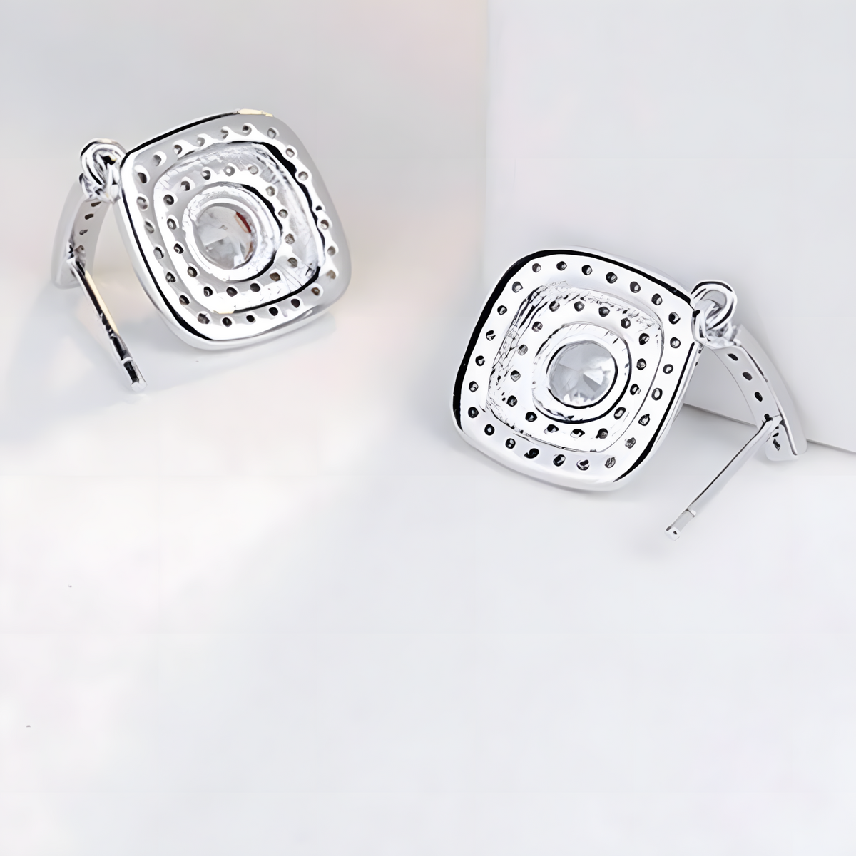 925 Sterling Silver Cubic Zirconia Drop Earrings, Double Halo Square Design 306