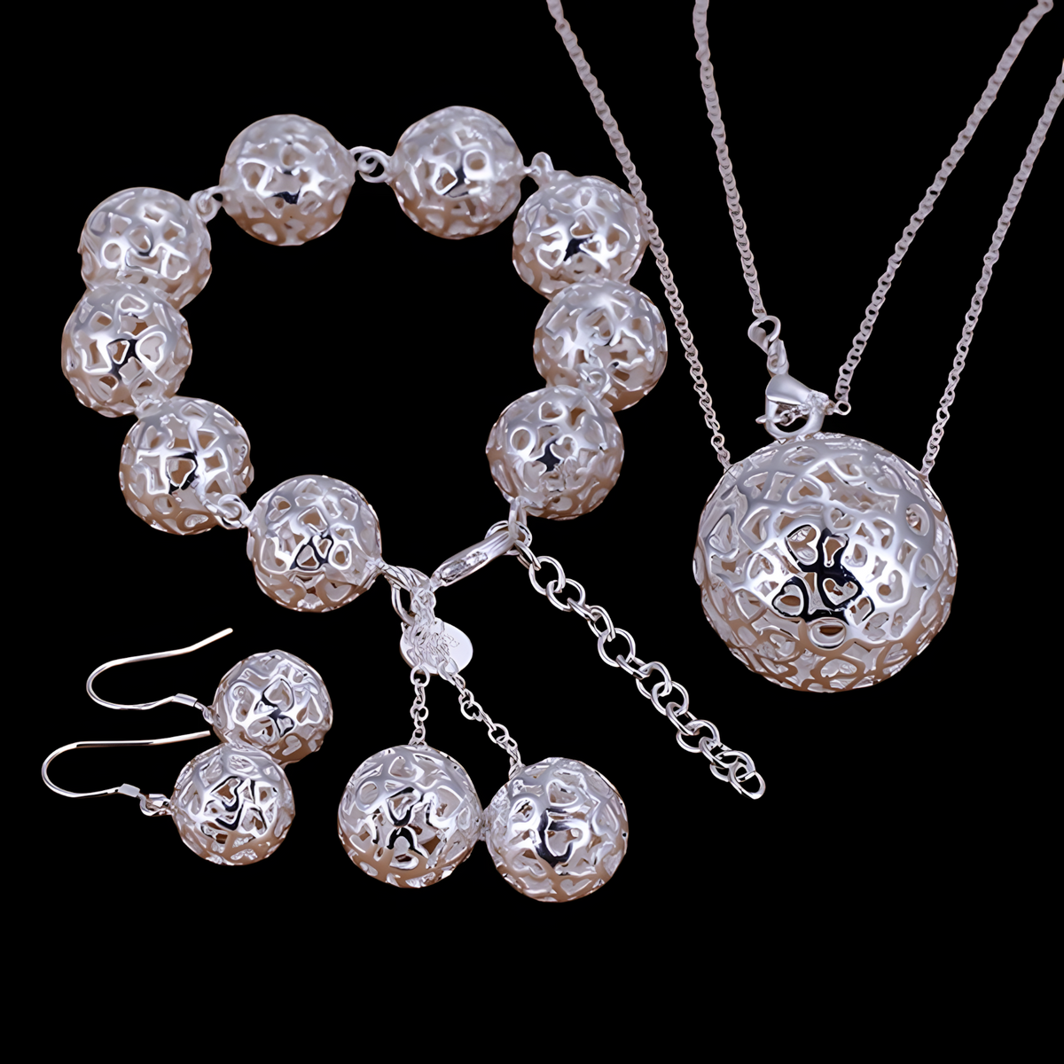 Silver Plated Hollow Ball Jewellery Set–Copper Alloy 925 Silver Plating 1218