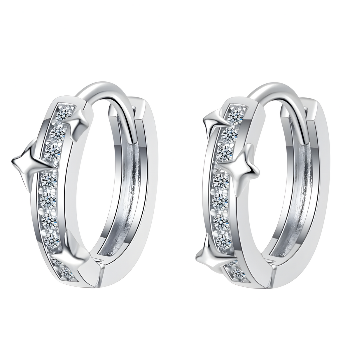 Crystal Star Huggie Hoop Earrings, Sparkling CZ Star, Small Silver Hoop 328