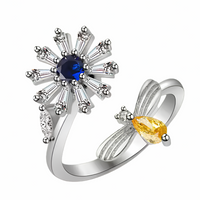 Crystal Floral Rotatable Ring For Women, Adjustable Silver Tone Spinner 1517