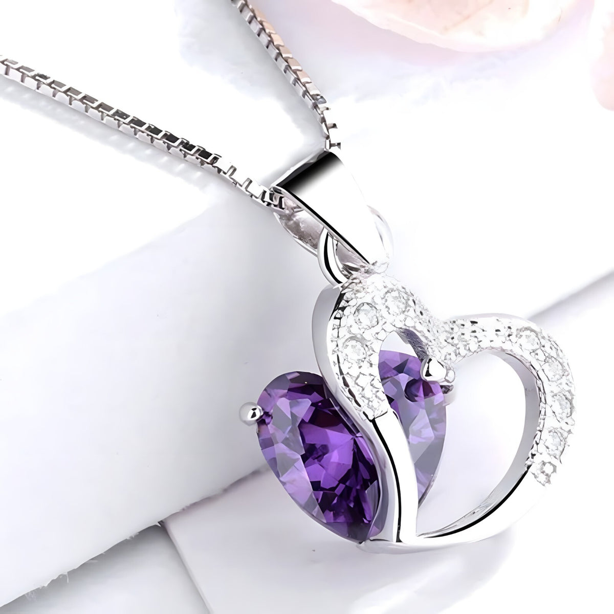 925 Sterling Silver Heart Necklace with Purple AAA Cubic Zirconia, Dainty  269