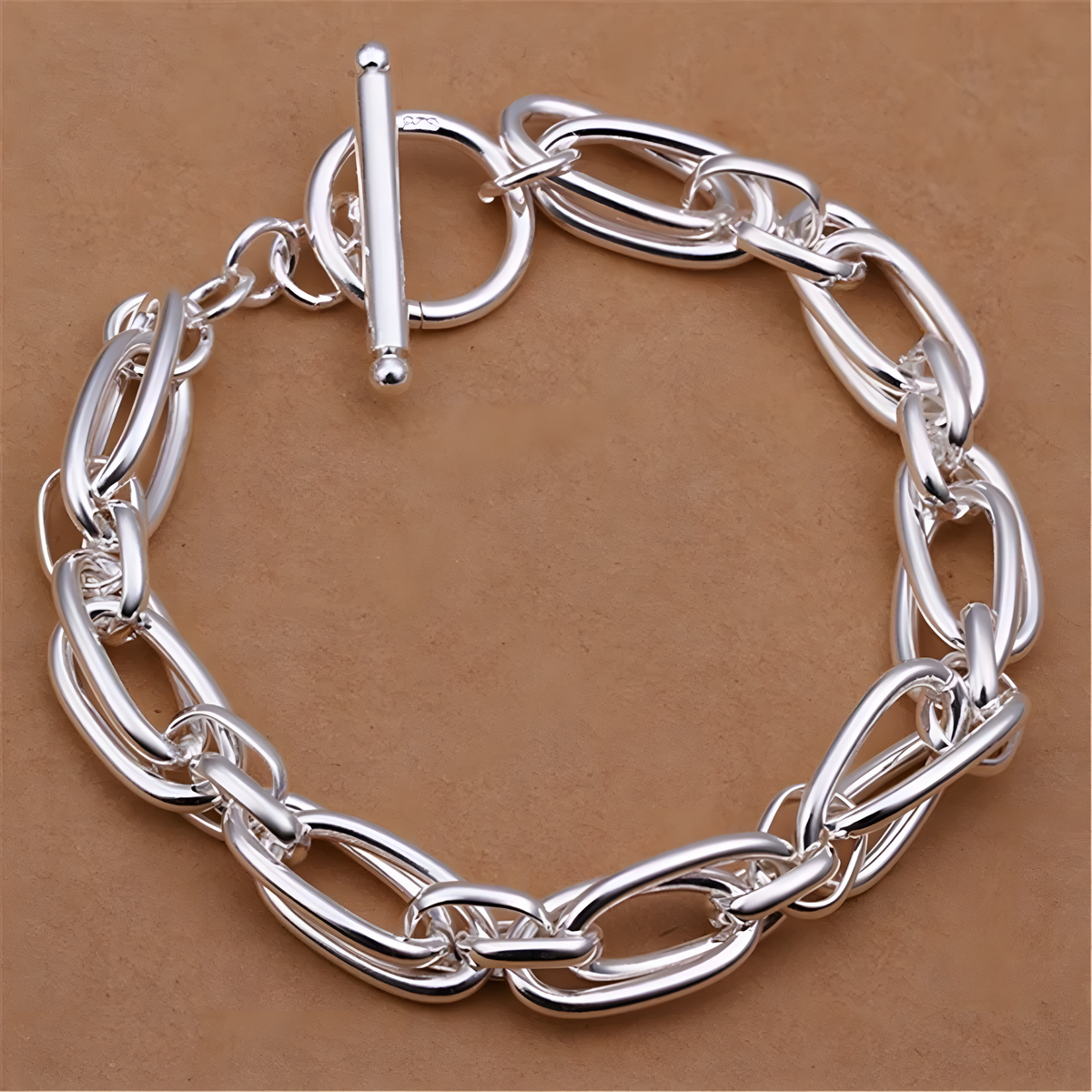 925 Sterling Silver Double Link Chain Toggle Clasp Bracelet for Women 445