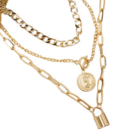 3-Layer Gold Chain Necklace Set Women – Retro Coin & Padlock Pendant Layered 702