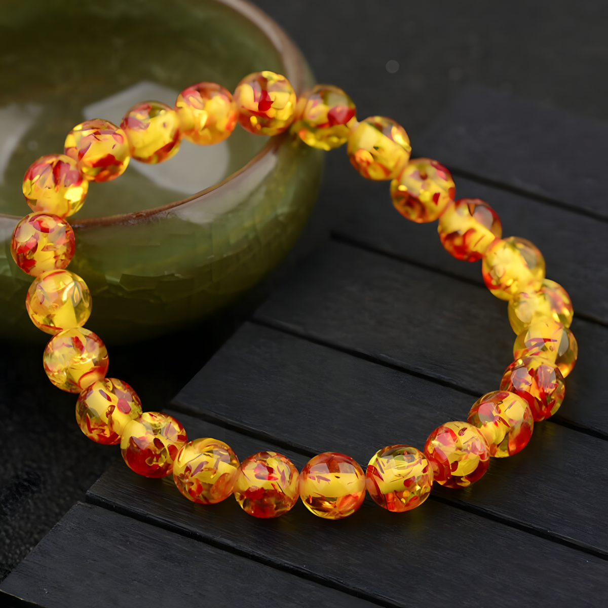 8mm Natural Amber Bead Bracelet, Unisex Stretch Bangle, Buddha Charm 528