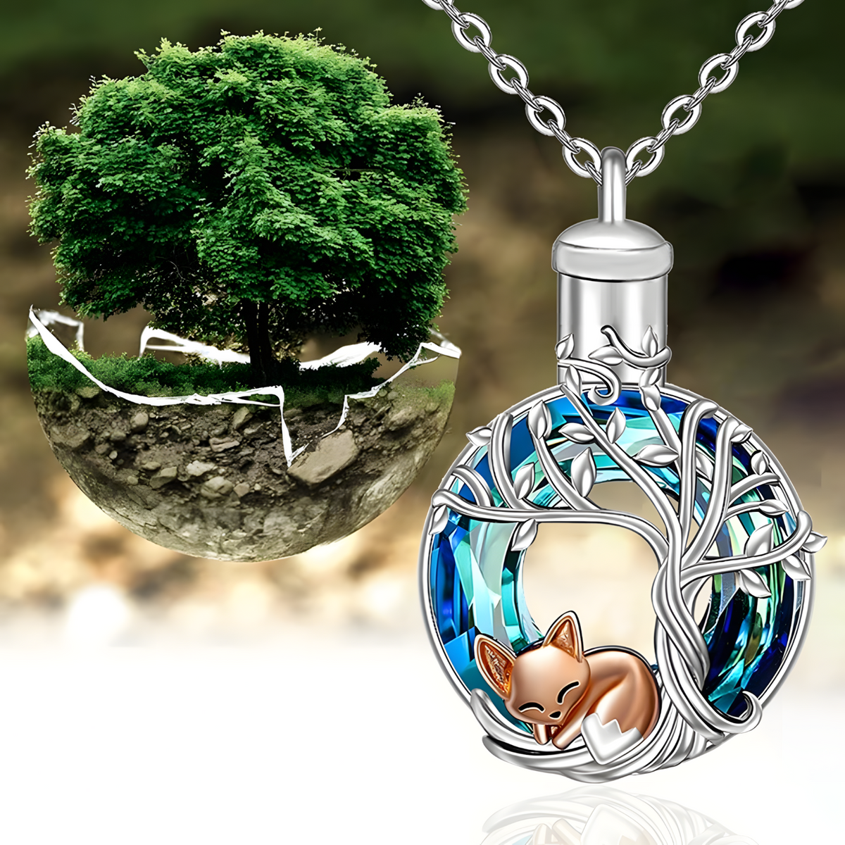 Lovely Fox Tree of Life Crystal Urn Necklace - Keepsake Memorial Jewellery B68