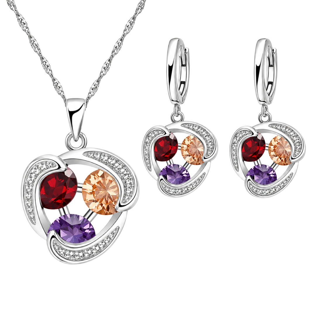 Multicolour Crystal Jewellery Set for Women - Three Stone Swirl Pendant 1808