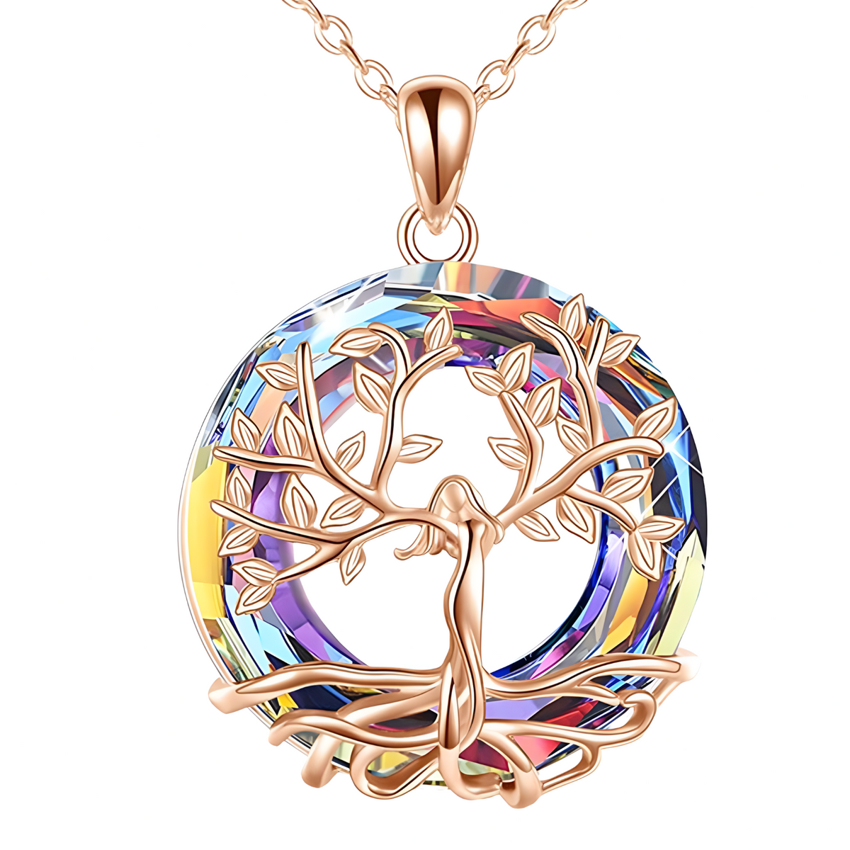 Rose Gold Celtic Tree of Life Necklace with Iridescent Crystal | Family Love B79