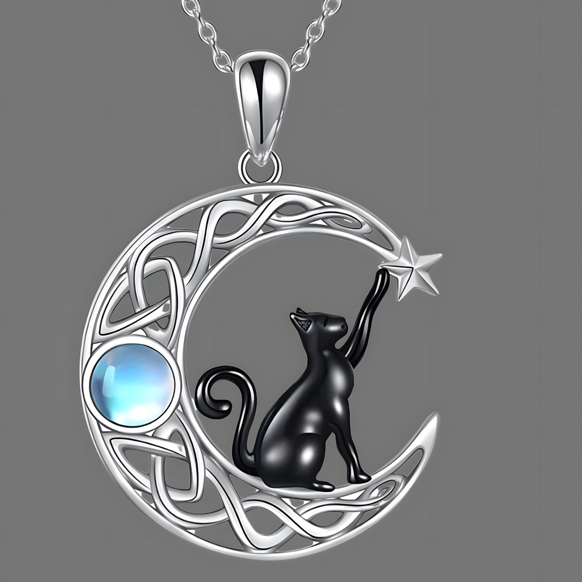 Crescent Moon Cat Necklace Women – Silver-Tone Zinc Alloy Celtic Knot Moon 1080