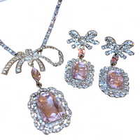Pink Crystal Bow Pendant Necklace and Drop Earrings Set for Women Square 1392
