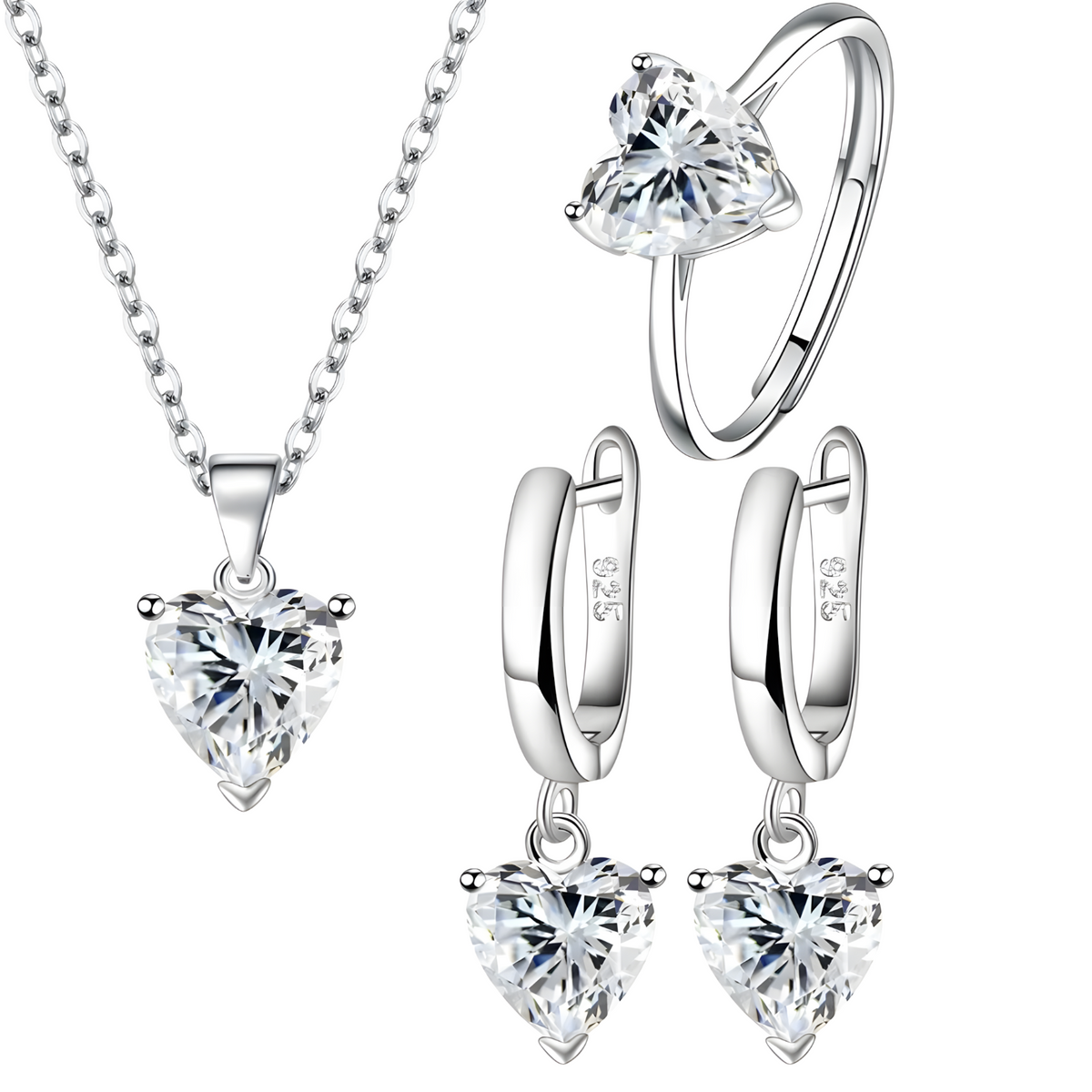 Sterling 925 Silver Heart White Crystal Necklace Earrings Ring Set Her Gift B34