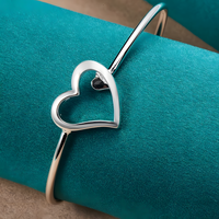 925 Sterling Silver Open Heart Bangle Bracelet for Women Delicate Round Wire 409