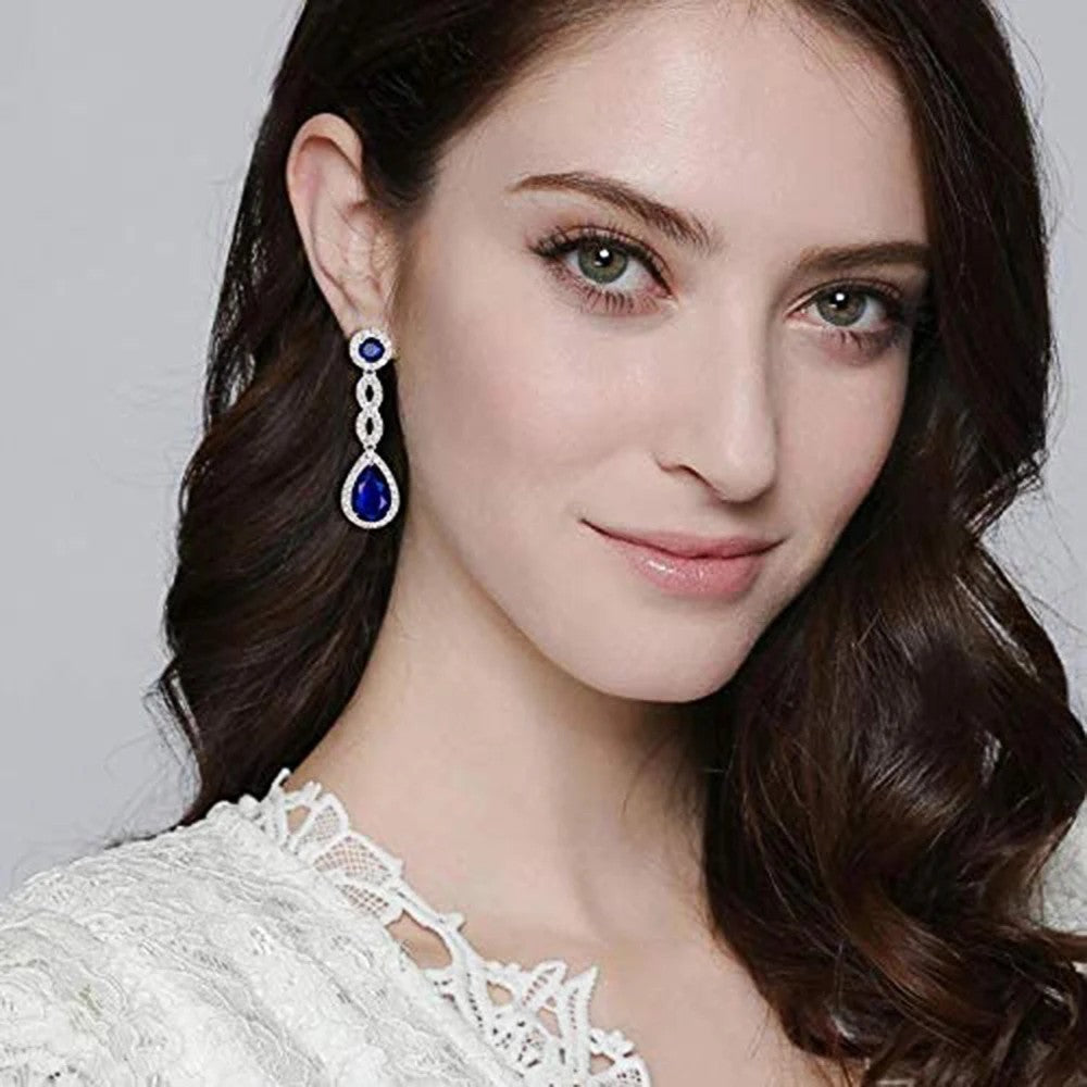 Long Hanging Blue Teardrop Drop Earrings For Women - Rhodium-Plated Alloy- 1458