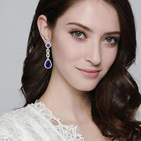 Long Hanging Blue Teardrop Drop Earrings For Women - Rhodium-Plated Alloy- 1458