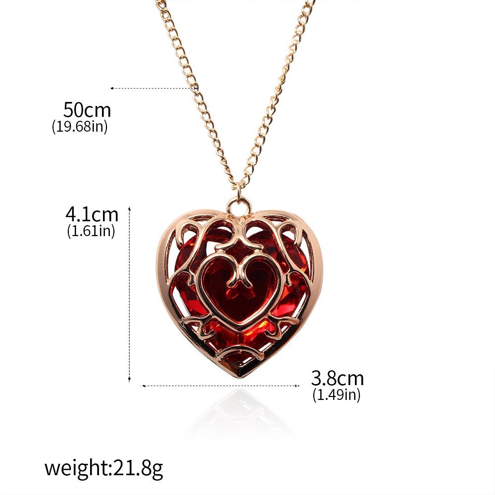 Red Heart Rose Pendant Necklace — Faceted Red Crystal Heart with Sculpted 1321