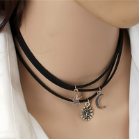 3-Piece Layered Velvet Choker Necklace Women – Moon Star Sun Pendant, Trendy 681