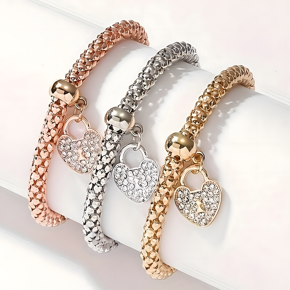 3-Piece Heart Charm Bracelet Set for Women – Rose Gold, Silver & Gold Plated 697