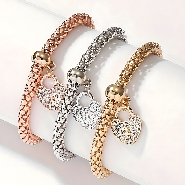 3-Piece Heart Charm Bracelet Set for Women – Rose Gold, Silver & Gold Plated 697