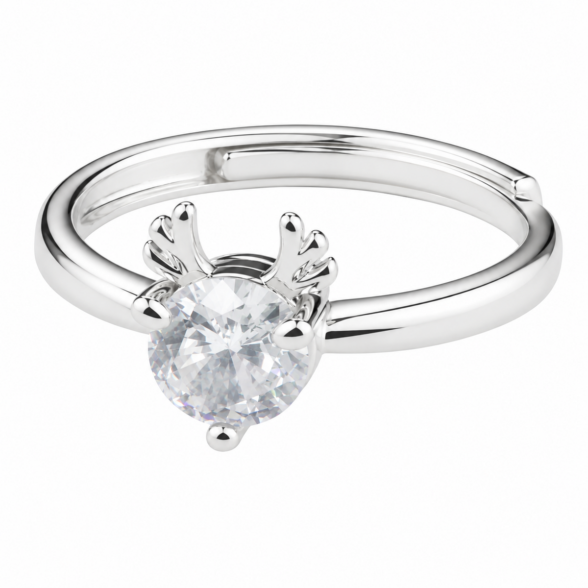 Women's Adjustable Deer Antler Zircon Ring, Round Brilliant Promise Ring 1642