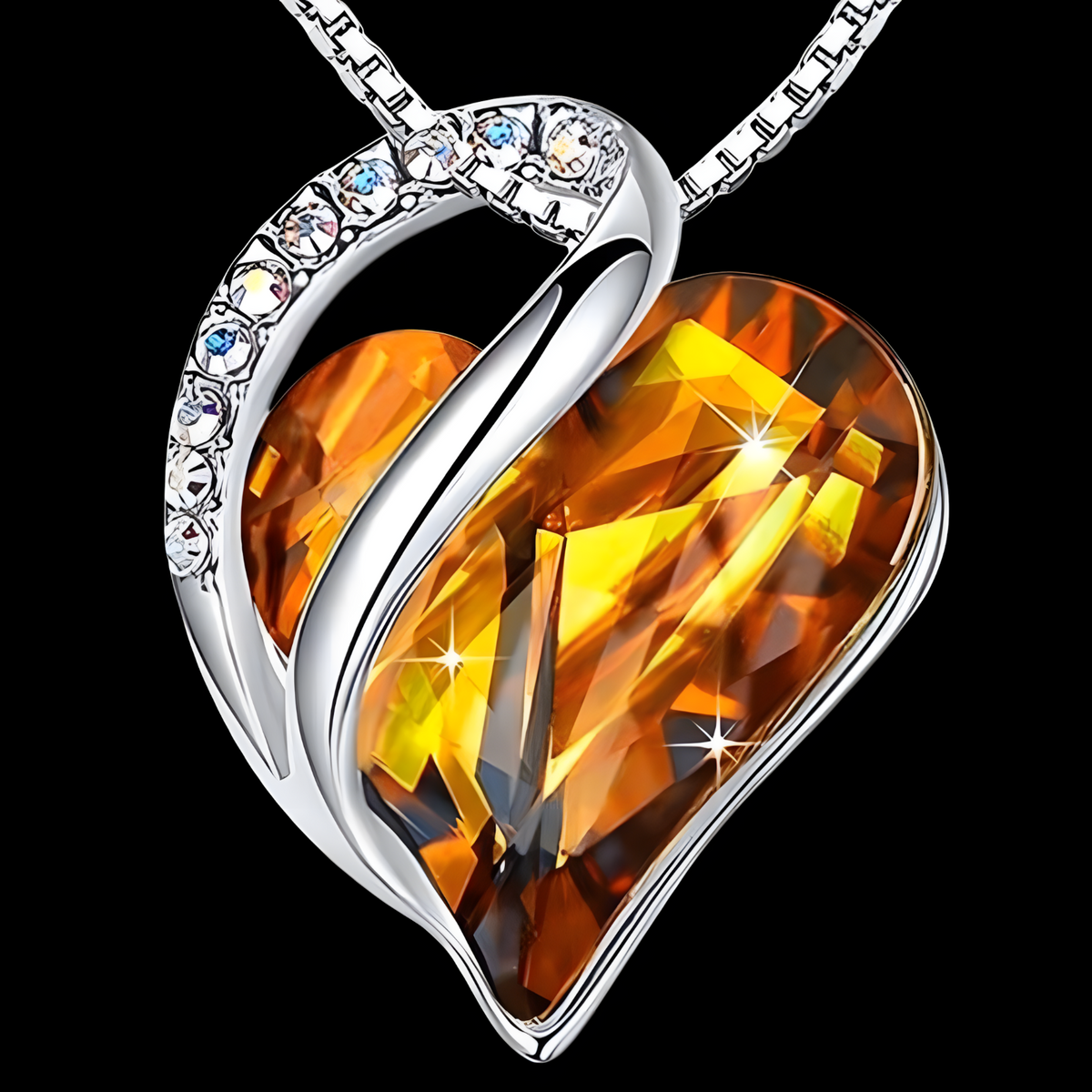 Orange Crystal Heart Pendant Necklace - Silver Plated Alloy Brass Fashion B319