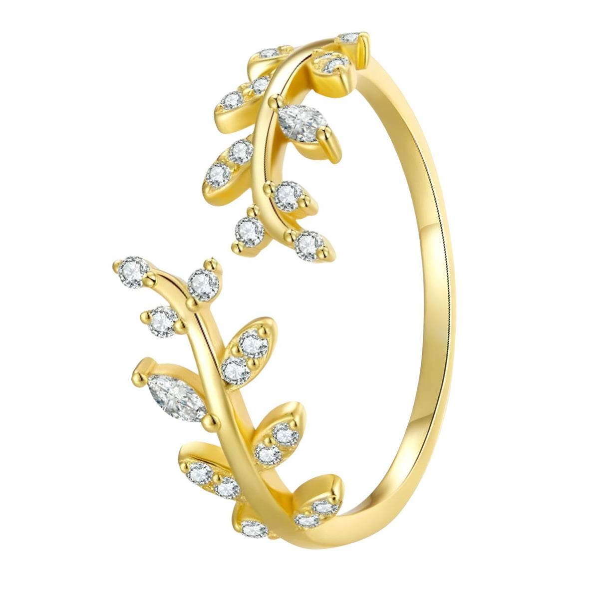 Sterling Silver Leaf Ring(Adjustable)Open Leaf Branch Ring with Cubic Zircon 392