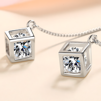 925 Silver-Plated Geometric Cube Zircon Drop Earrings Women Sparkling Round 924