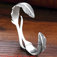Women Feather Bangle Cuff Bracelet, Retro Silver Color Open Wrist Wrap 606