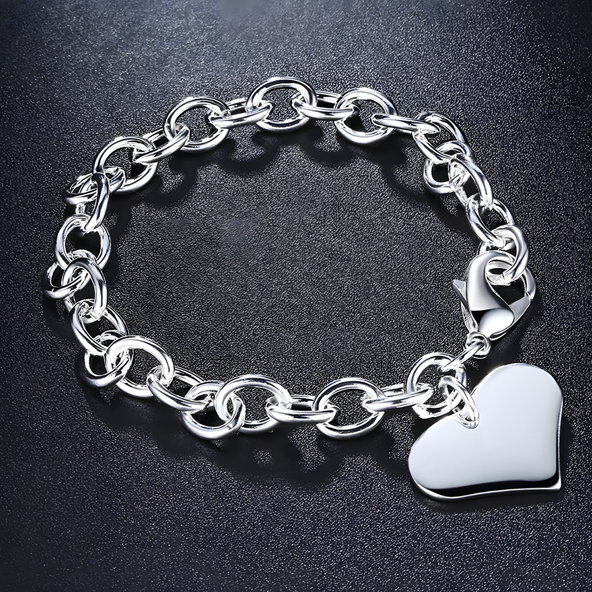 925 Sterling Silver Heart Charm Bracelet-Dangling Love Charm Secure Lobster 1804