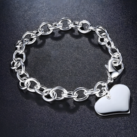 925 Sterling Silver Heart Charm Bracelet-Dangling Love Charm Secure Lobster 1804