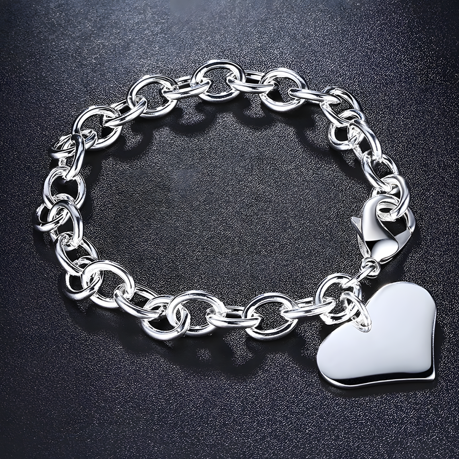 925 Sterling Silver Heart Charm Bracelet-Dangling Love Charm Secure Lobster 1804