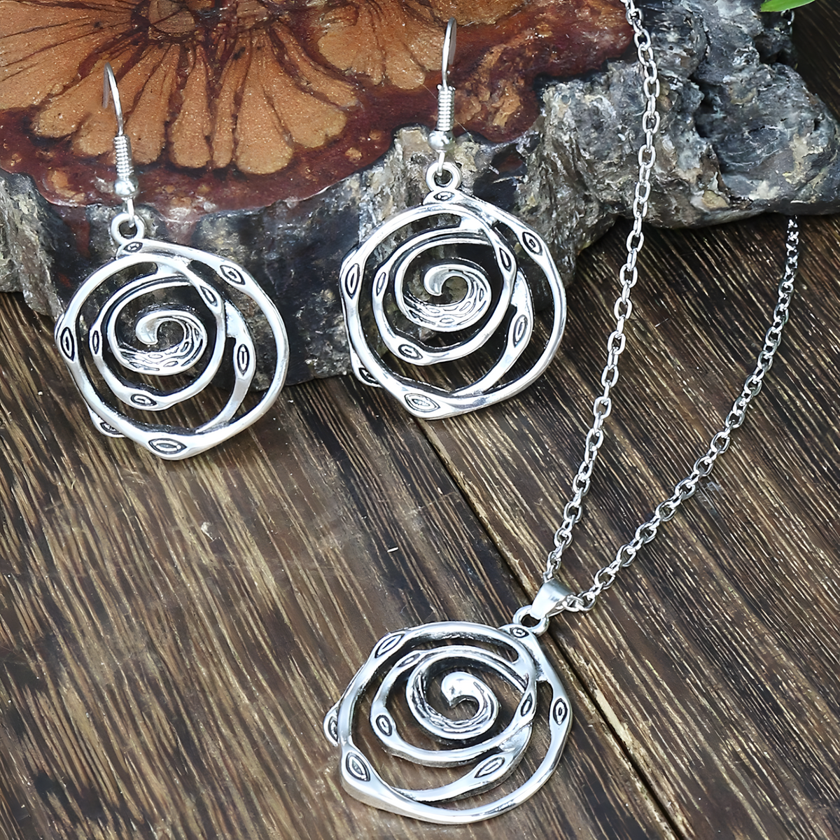 Spiral Rose Jewellery Set Women, Antique Silver Tone Hollow Floral Pendant 1716