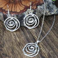 Spiral Rose Jewellery Set Women, Antique Silver Tone Hollow Floral Pendant 1716