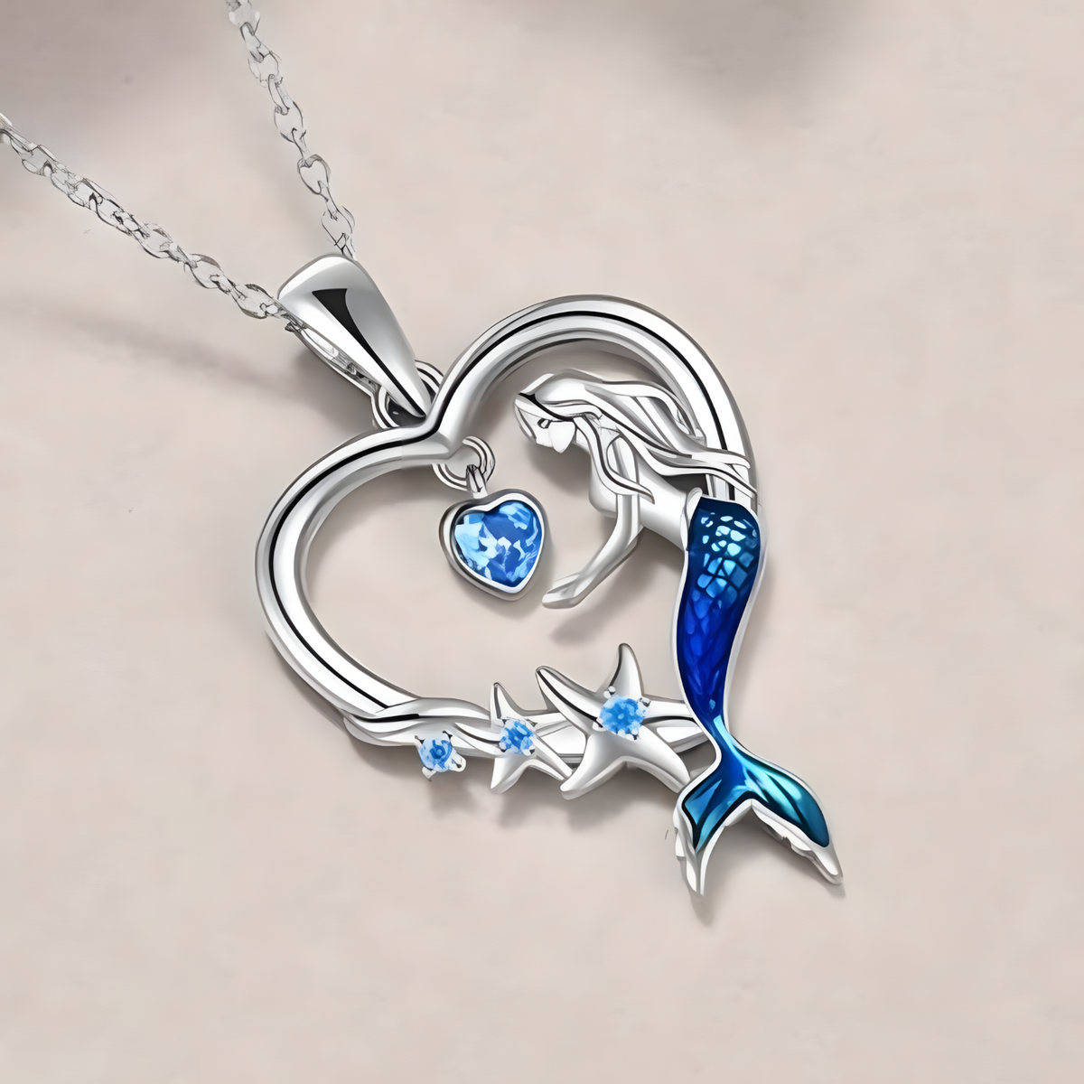 European New Mermaid Necklace Blue Crystal, Exquisite Starfish Pendant B167