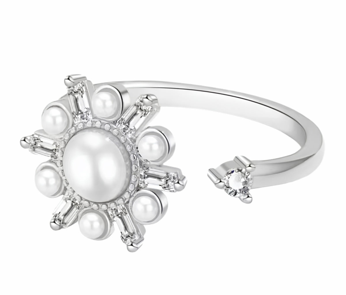 Silver Tone Pearl Sunburst Ring Adjustable Open Ring with Baguette Crystal 1593
