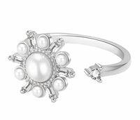 Silver Tone Pearl Sunburst Ring Adjustable Open Ring with Baguette Crystal 1593