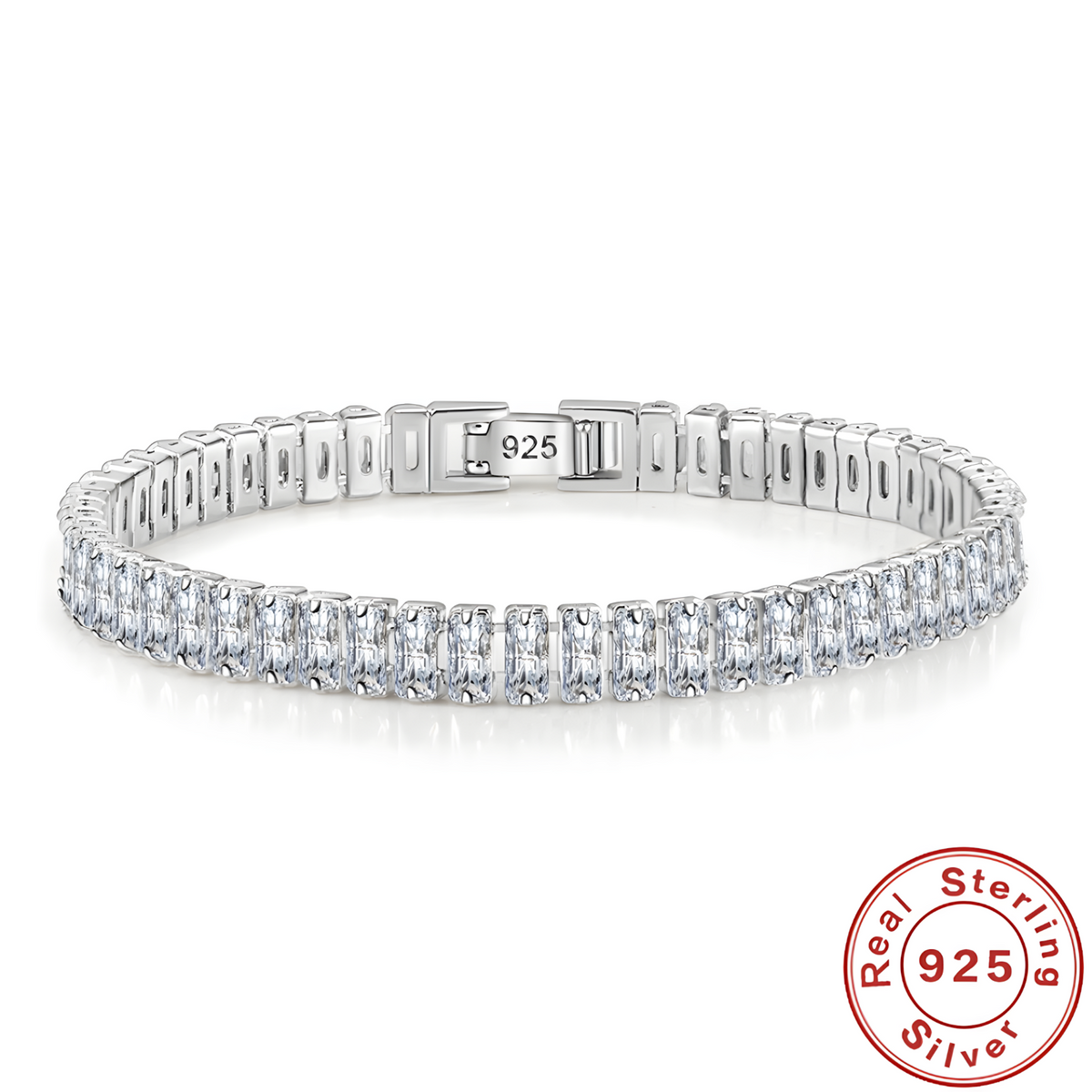 925 Silver-Plated Baguette Crystal Tennis Bracelet for Women – Elegant Chain 882
