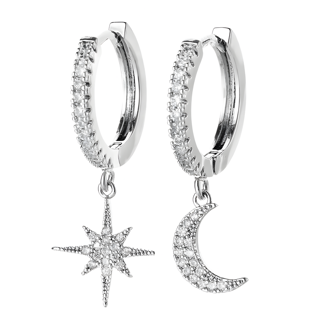 Asymmetric Celestial Hoop Earrings – Moon & Star Charms with Crystal Detail 1128