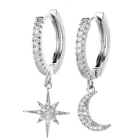 Asymmetric Celestial Hoop Earrings – Moon & Star Charms with Crystal Detail 1128